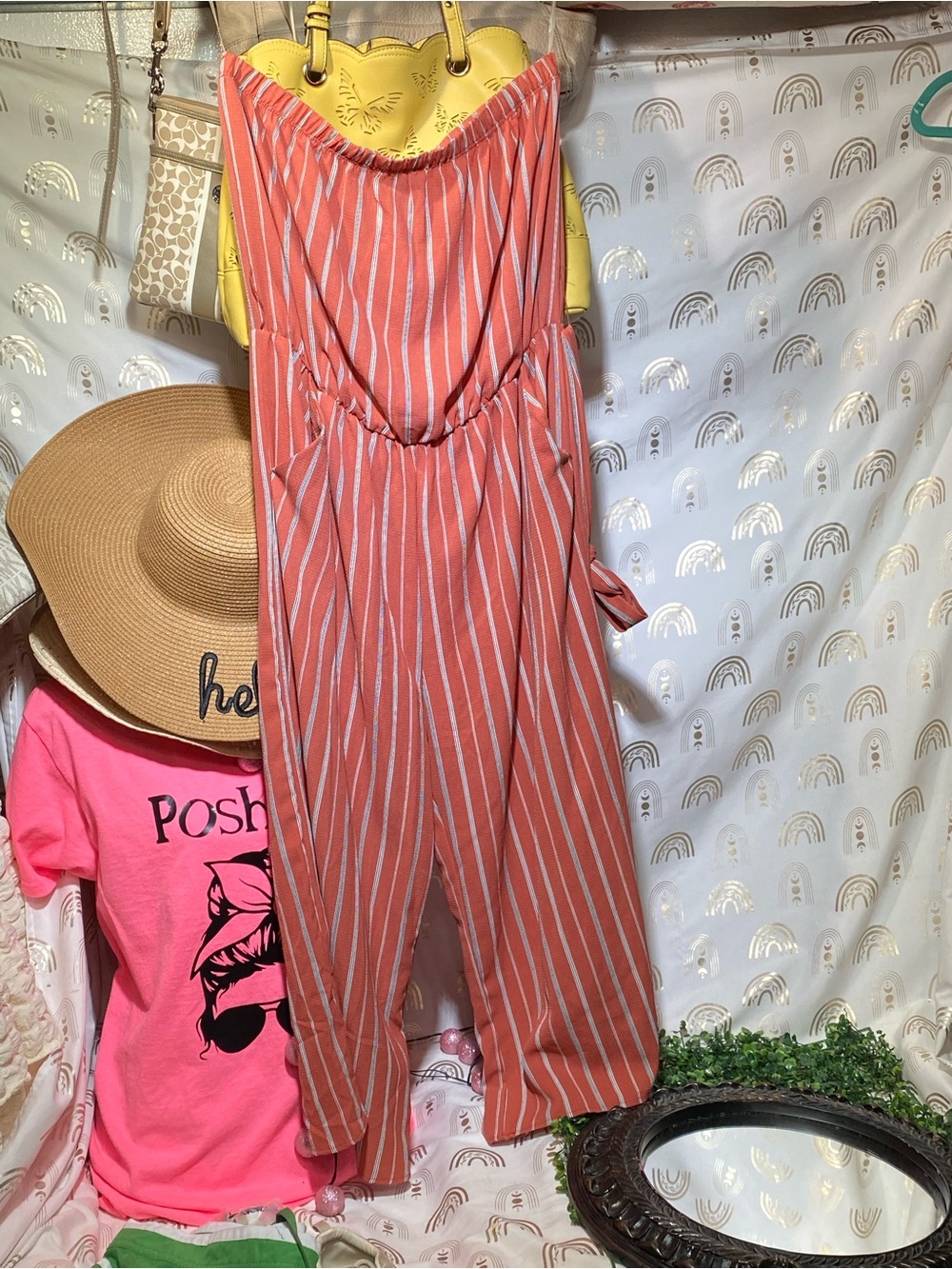 See You Monday Coral and White Striped Strapless Jumpsuit
